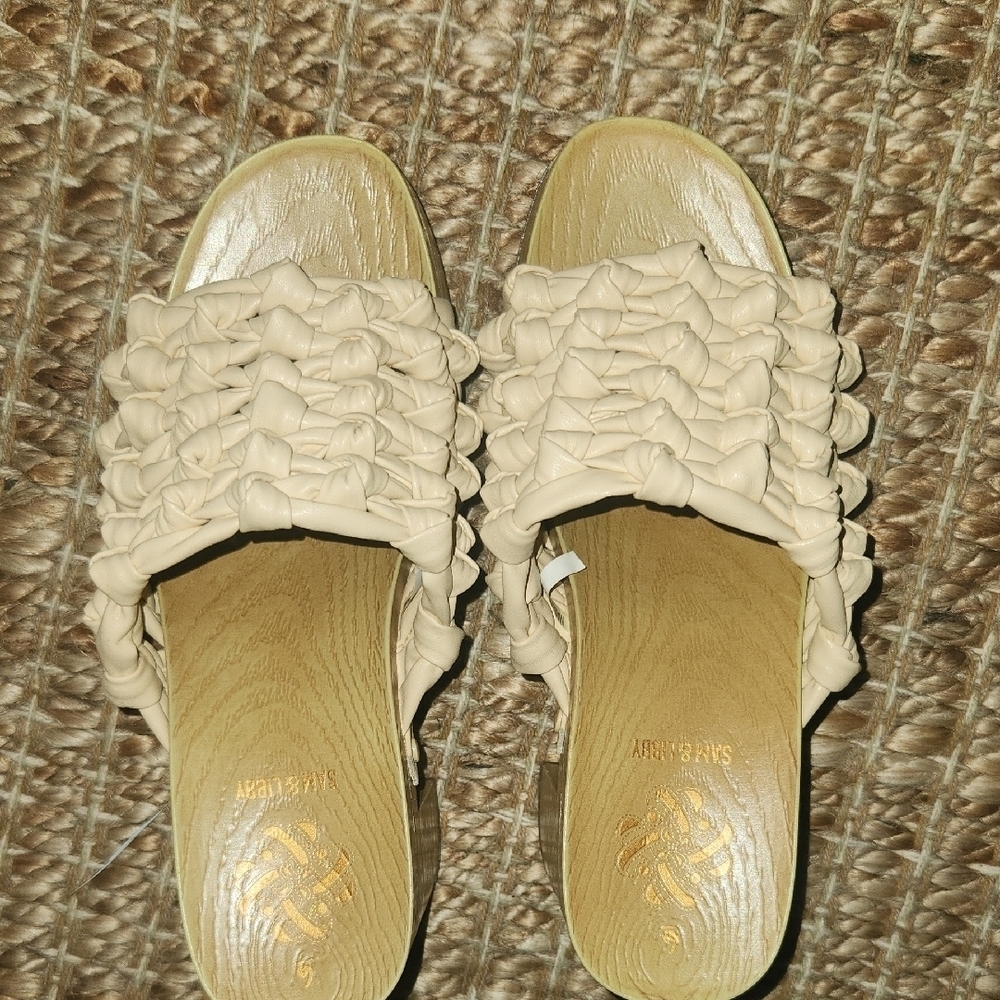 Sam & Libby Boho Tan Casual Clog Sandals Casual with Woven Straps 3in Block Heel - Picture 5 of 7